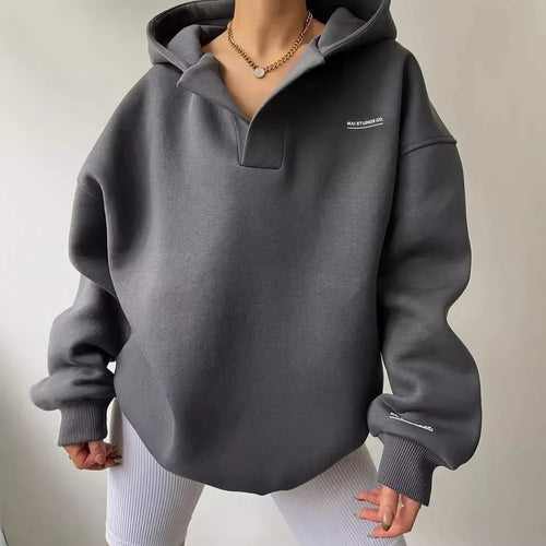 Drune | Kapuzenpullover Übergröße Passform Fleece V-Ausschnitt Rippbündchen