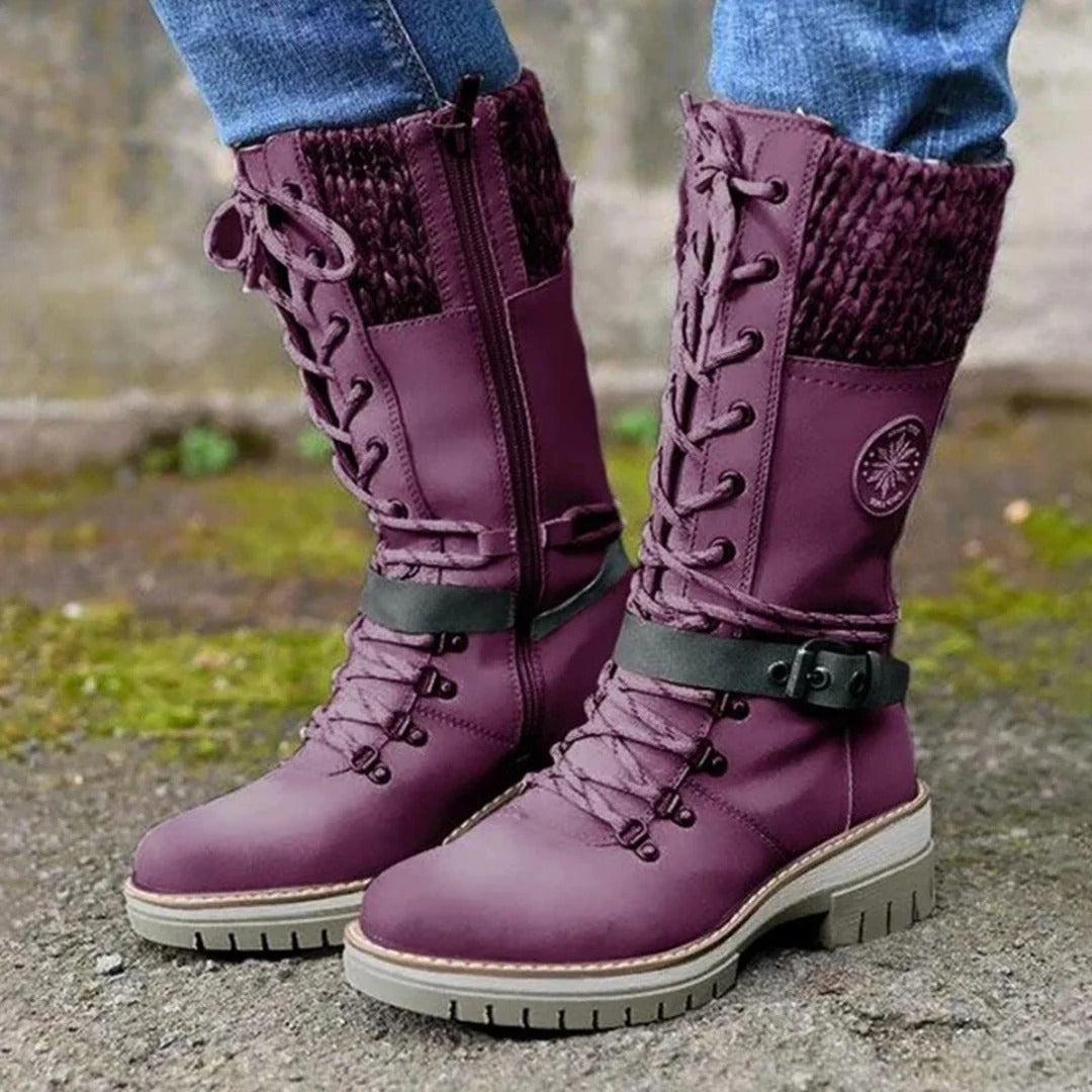 Drune | Kniehohe Stiefel - Schnürfront - Wollbund - Seitenreißverschluss - Schnallenriemen