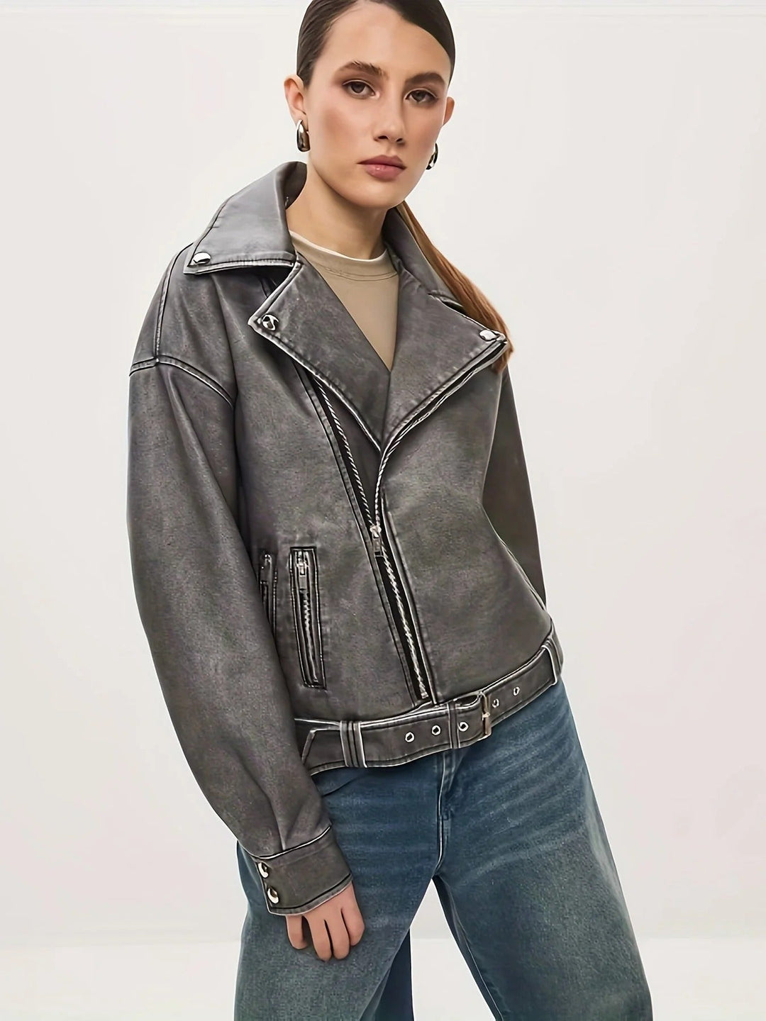 Drune | Lederjacke Übergröße Passform Biker Stil Gürtel in Der Taille Reißverschluss Details