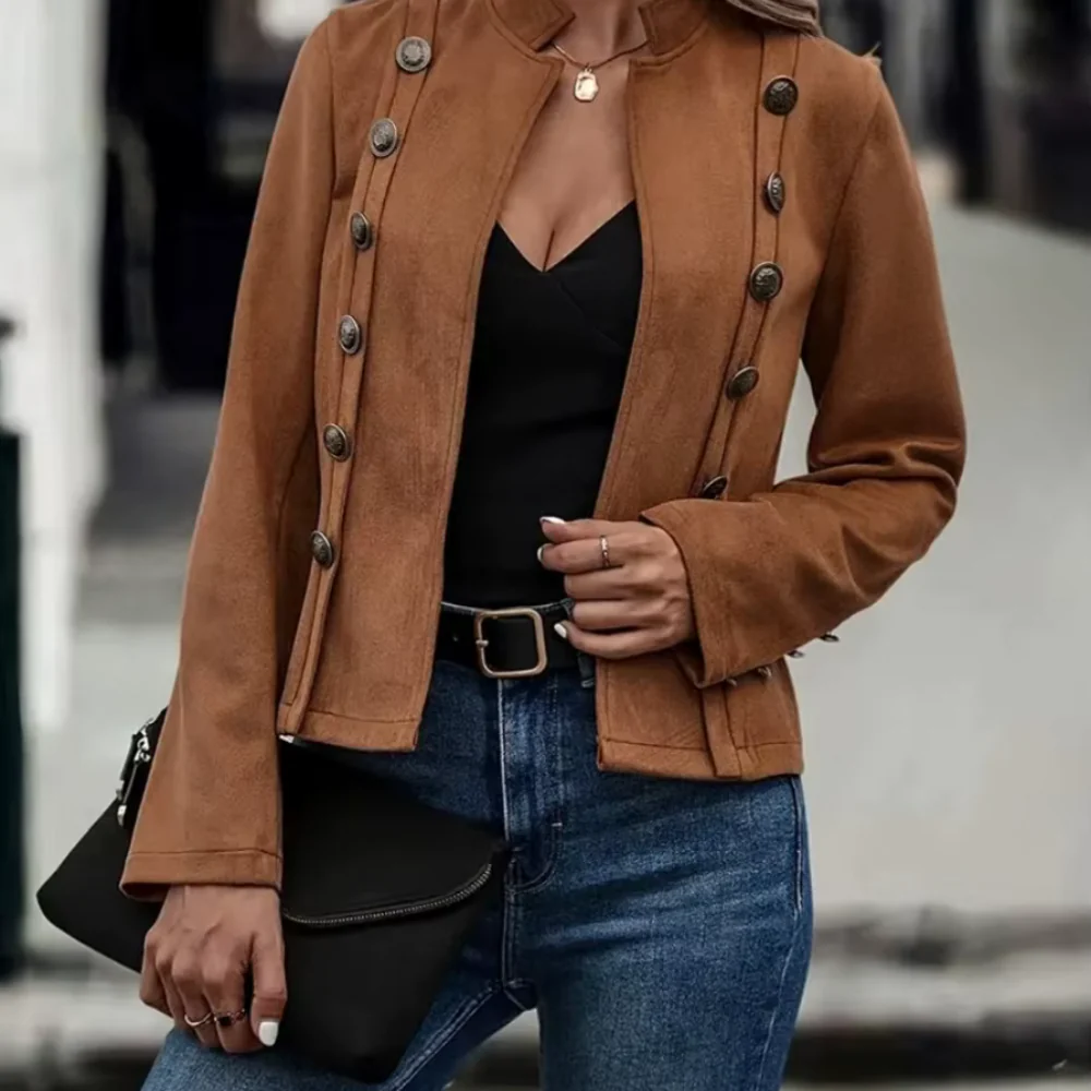 Drune | Jacke Taillierte Passform Wildledertextur Hoher Kragen Asymmetrische Knopfkleidung