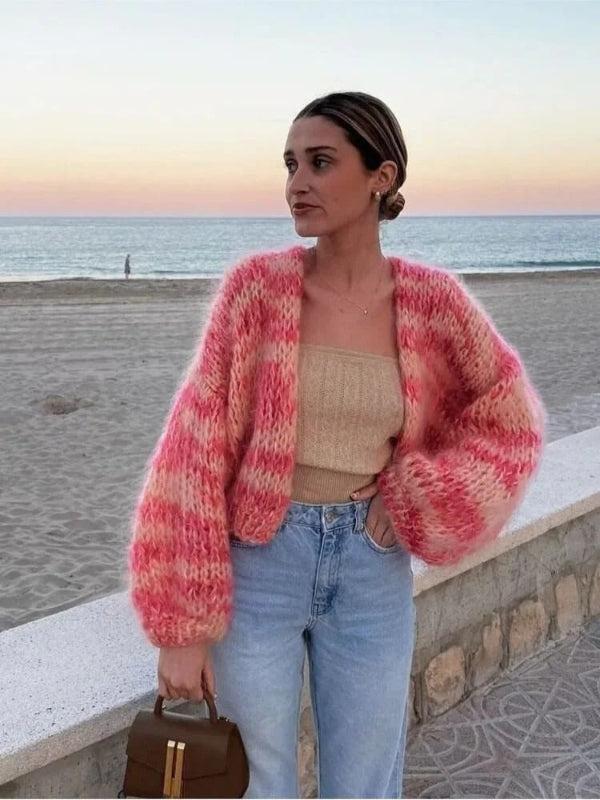 Drune | Strickjacke Grobstrick Übergröße Offene Vorderseite Gekürzter Lässiger Layer