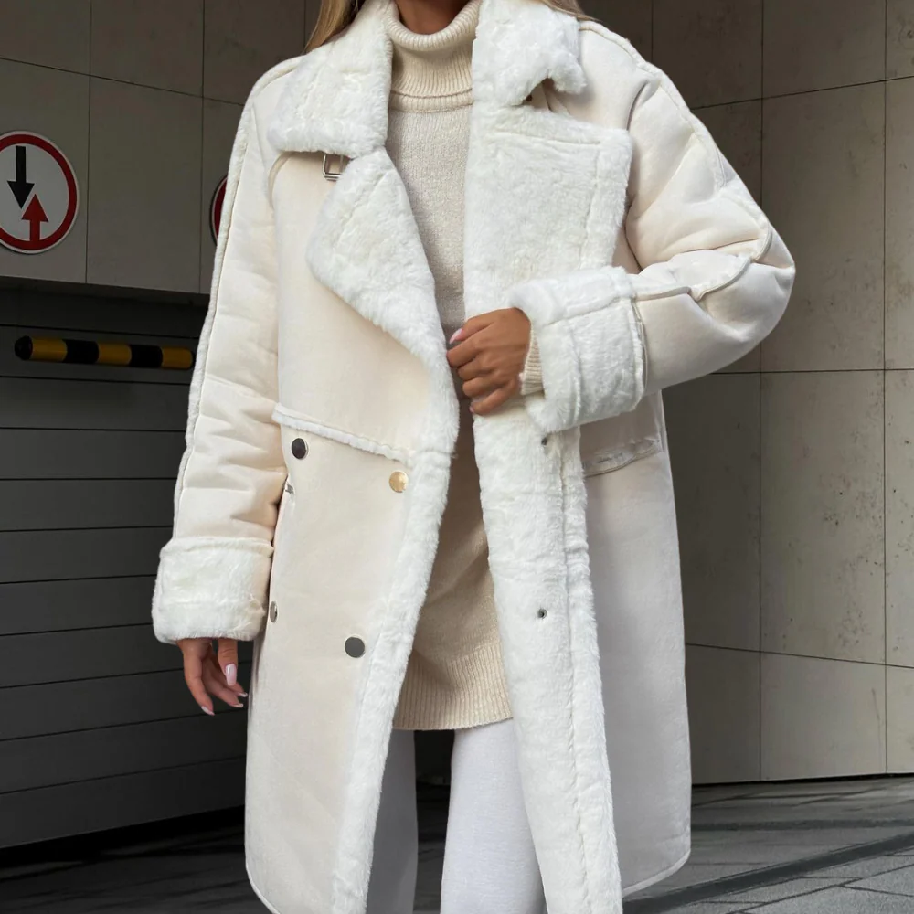 Drune | Damen Langmantel – Oversized Fit – Plüsch-Wollgefühl – Breiter Revers – Voller Länge