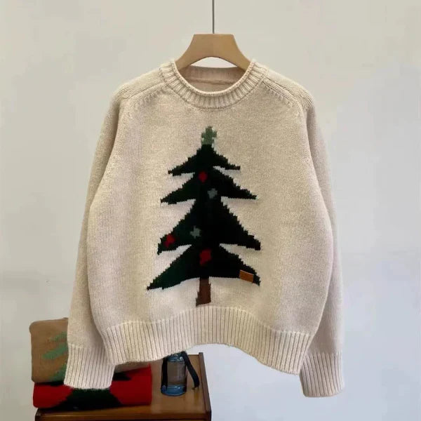 Drune | Pullover Sweater - Wollstrick - Lockere Passform - Rundhalsausschnitt - Baumgrafik