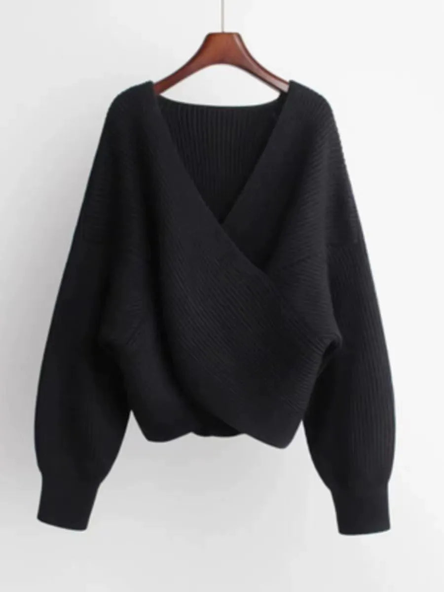 Drune | Übergröße Sweatshirt Strickrib Textur V-Ausschnitt Ballonärmel