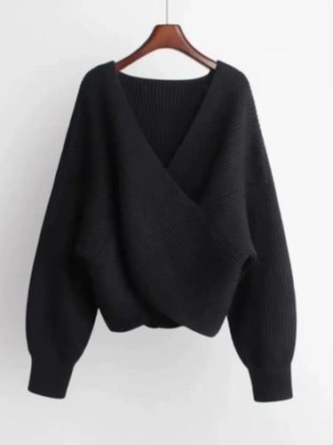 Drune | Übergröße Sweatshirt Strickrib Textur V-Ausschnitt Ballonärmel