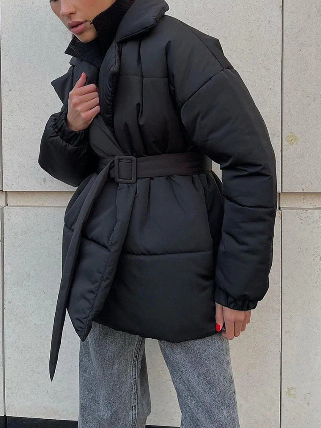 Drune | Gürteltaschen Pufferjacke Wickel Front Stepp Wintermantel