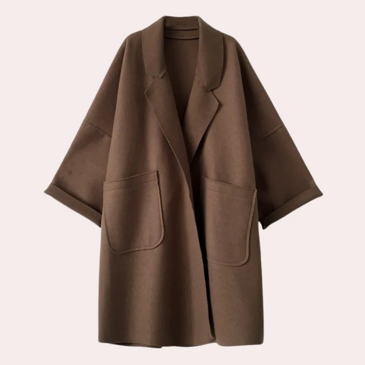 Drune | Damen langer Mantel – Oversized Schnitt – Wollmischung – Reverskragen – Aufgesetzte Taschen