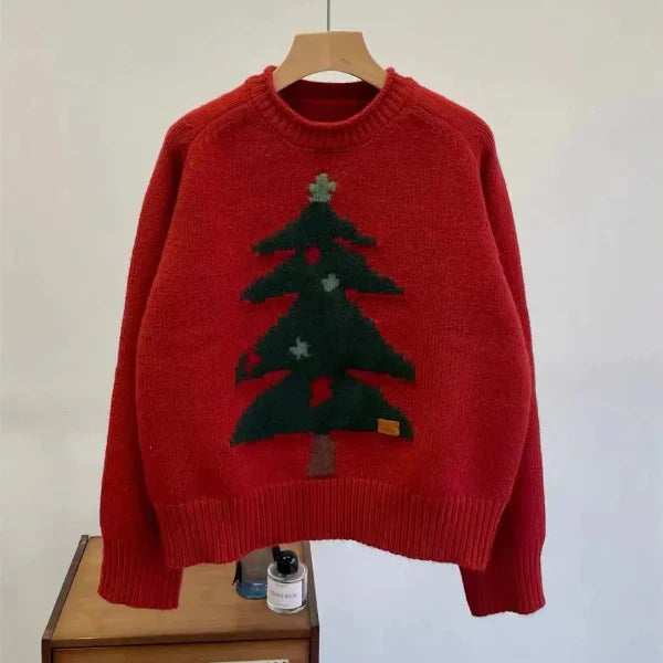 Drune | Pullover Sweater - Wollstrick - Lockere Passform - Rundhalsausschnitt - Baumgrafik