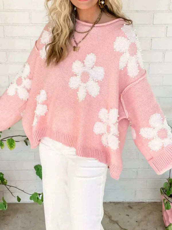 Drune | Pullover Sweatshirt Übergröße Fit Strickwebart Perlenblumenverzierung Rundhalsausschnitt