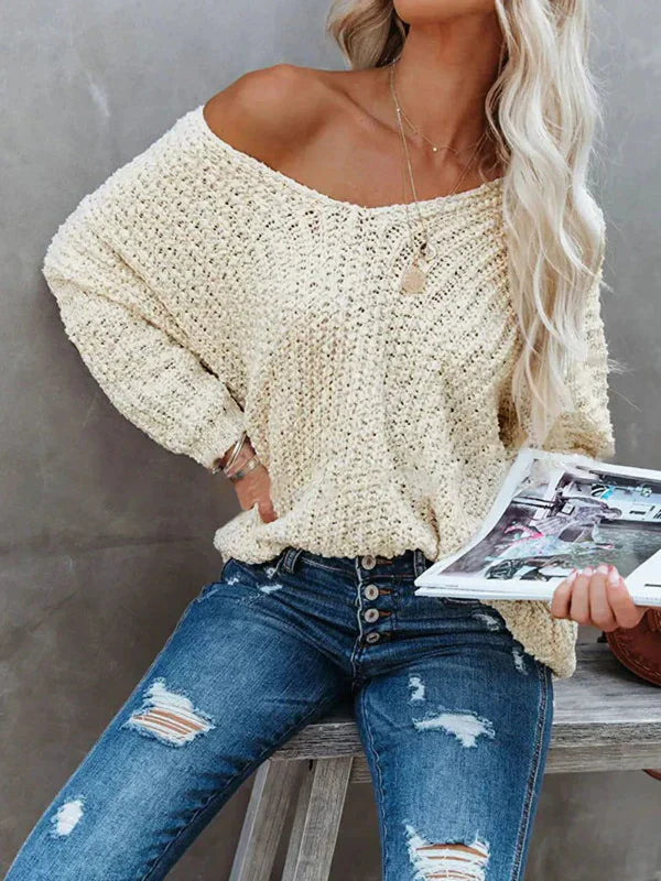 Drune | Pullover Sweater - Relaxed Fit - Strukturstrick - Off Shoulder V-Ausschnitt Design