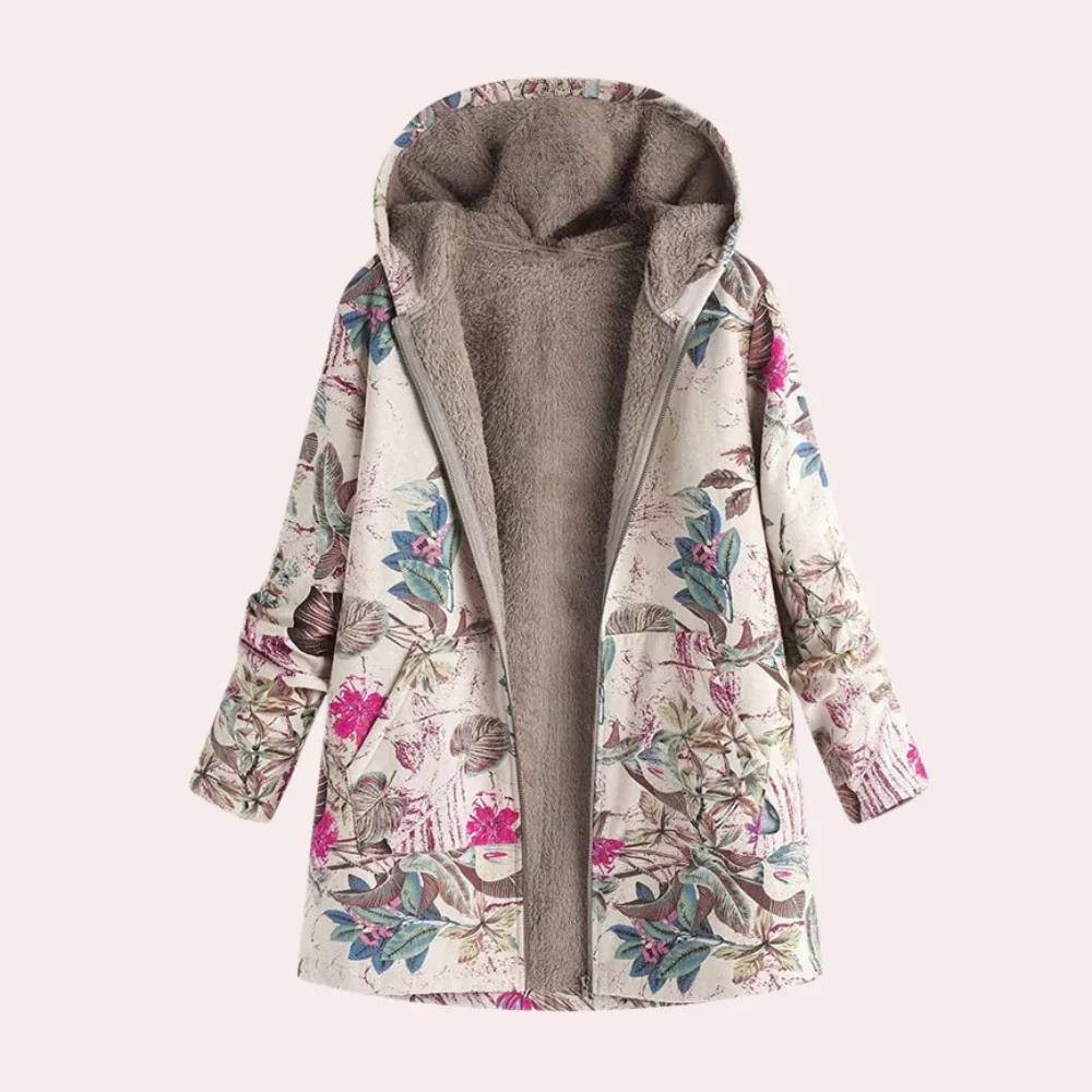 Drune | Damen Kapuzenjacke – Lockere Passform – Plüschfutter – Blumendruck – Hüftlanger Freizeitlook