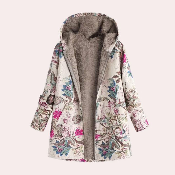 Drune | Damen Kapuzenjacke – Lockere Passform – Plüschfutter – Blumendruck – Hüftlanger Freizeitlook