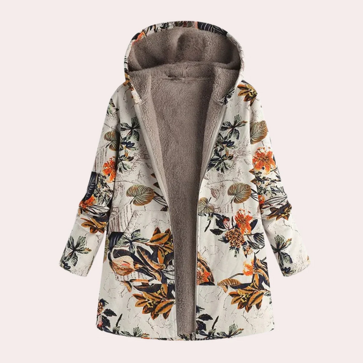 Drune | Damen Kapuzenjacke – Lockere Passform – Plüschfutter – Blumendruck – Hüftlanger Freizeitlook