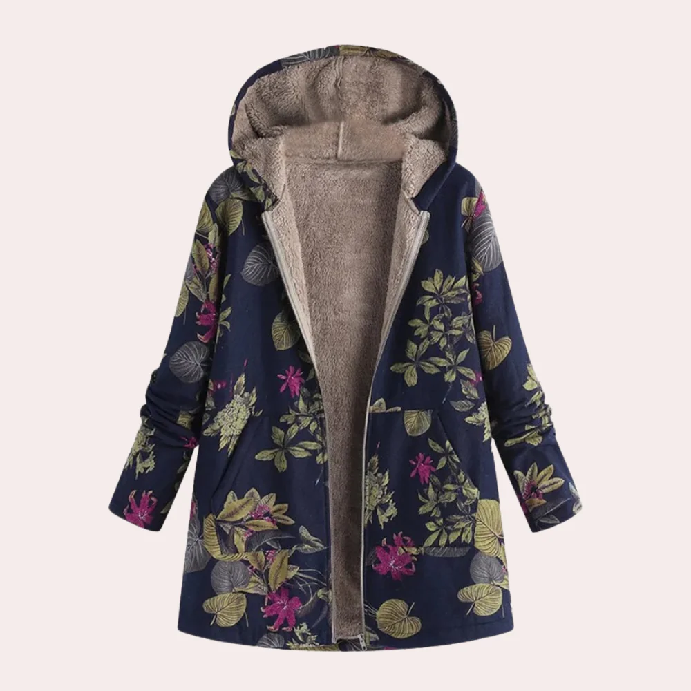 Drune | Damen Kapuzenjacke – Lockere Passform – Plüschfutter – Blumendruck – Hüftlanger Freizeitlook