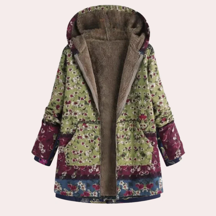 Drune | Damen Kapuzenjacke – Lockere Passform – Plüschfutter – Blumendruck – Hüftlanger Freizeitlook