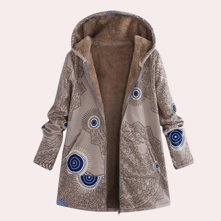 Drune | Damen Kapuzenjacke – Lockere Passform – Plüschfutter – Blumendruck – Hüftlanger Freizeitlook