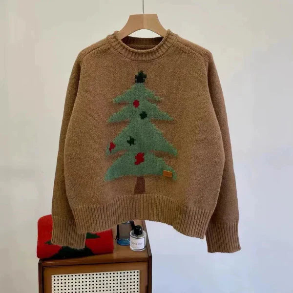 Drune | Pullover Sweater - Wollstrick - Lockere Passform - Rundhalsausschnitt - Baumgrafik