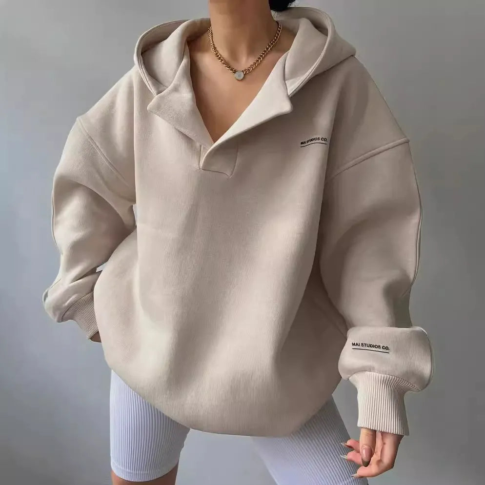 Drune | Kapuzenpullover Übergröße Passform Fleece V-Ausschnitt Rippbündchen