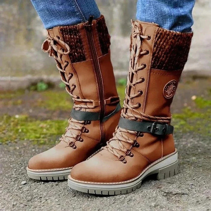 Drune | Kniehohe Stiefel - Schnürfront - Wollbund - Seitenreißverschluss - Schnallenriemen