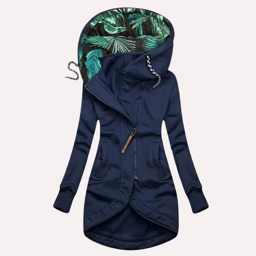 Drune | Damen Fleecejacke – Slim Fit – Mit Kapuze und Blätterdruck-Futter – Asymmetrischer Reißverschluss
