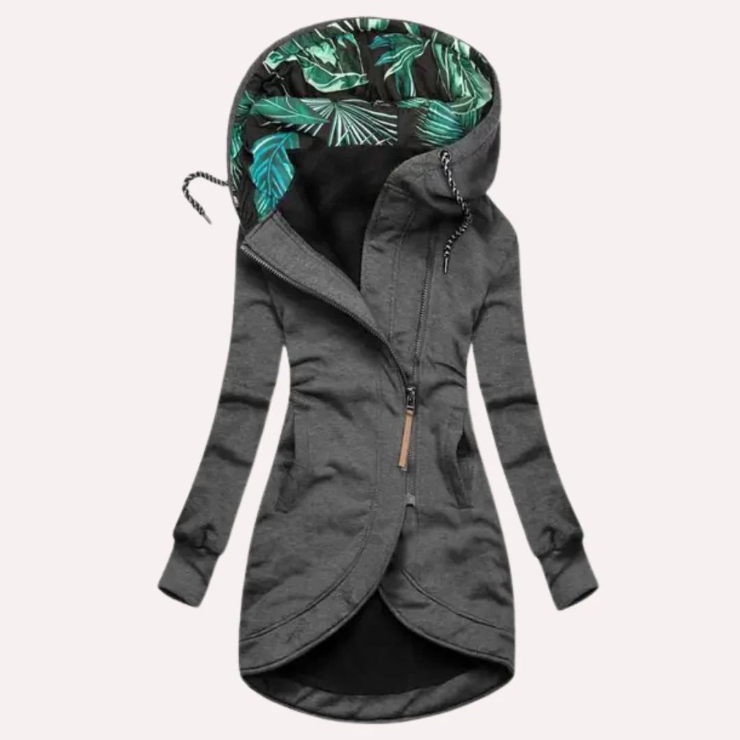 Drune | Damen Fleecejacke – Slim Fit – Mit Kapuze und Blätterdruck-Futter – Asymmetrischer Reißverschluss