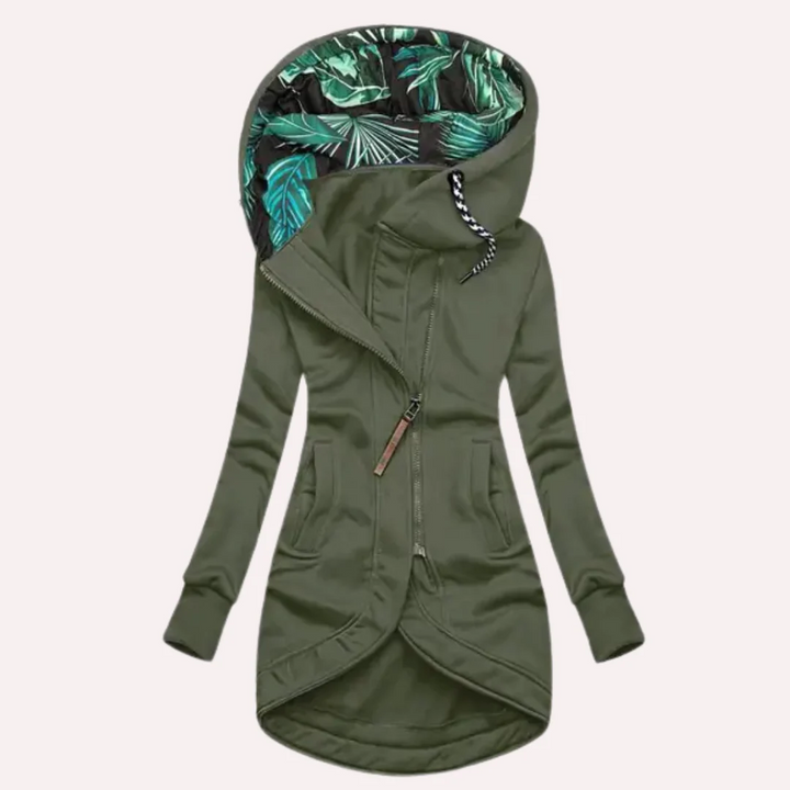 Drune | Damen Fleecejacke – Slim Fit – Mit Kapuze und Blätterdruck-Futter – Asymmetrischer Reißverschluss