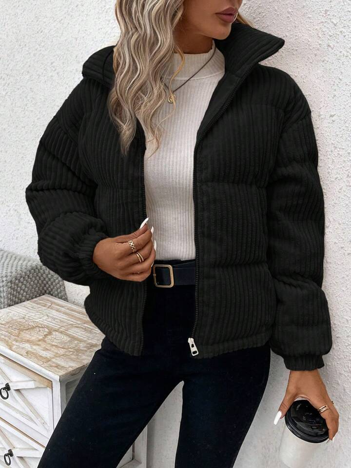 Drune | Damen Cordjacke – Lockere Passform – Gepolstert – Hoher Kragen – Reißverschluss vorne