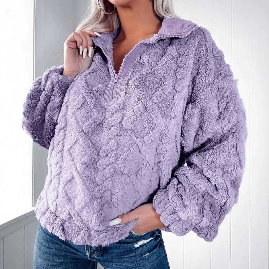 Drune | Sweater Faux Fur Entspannt Passform Gesteppt Textur Halber Reißverschluss