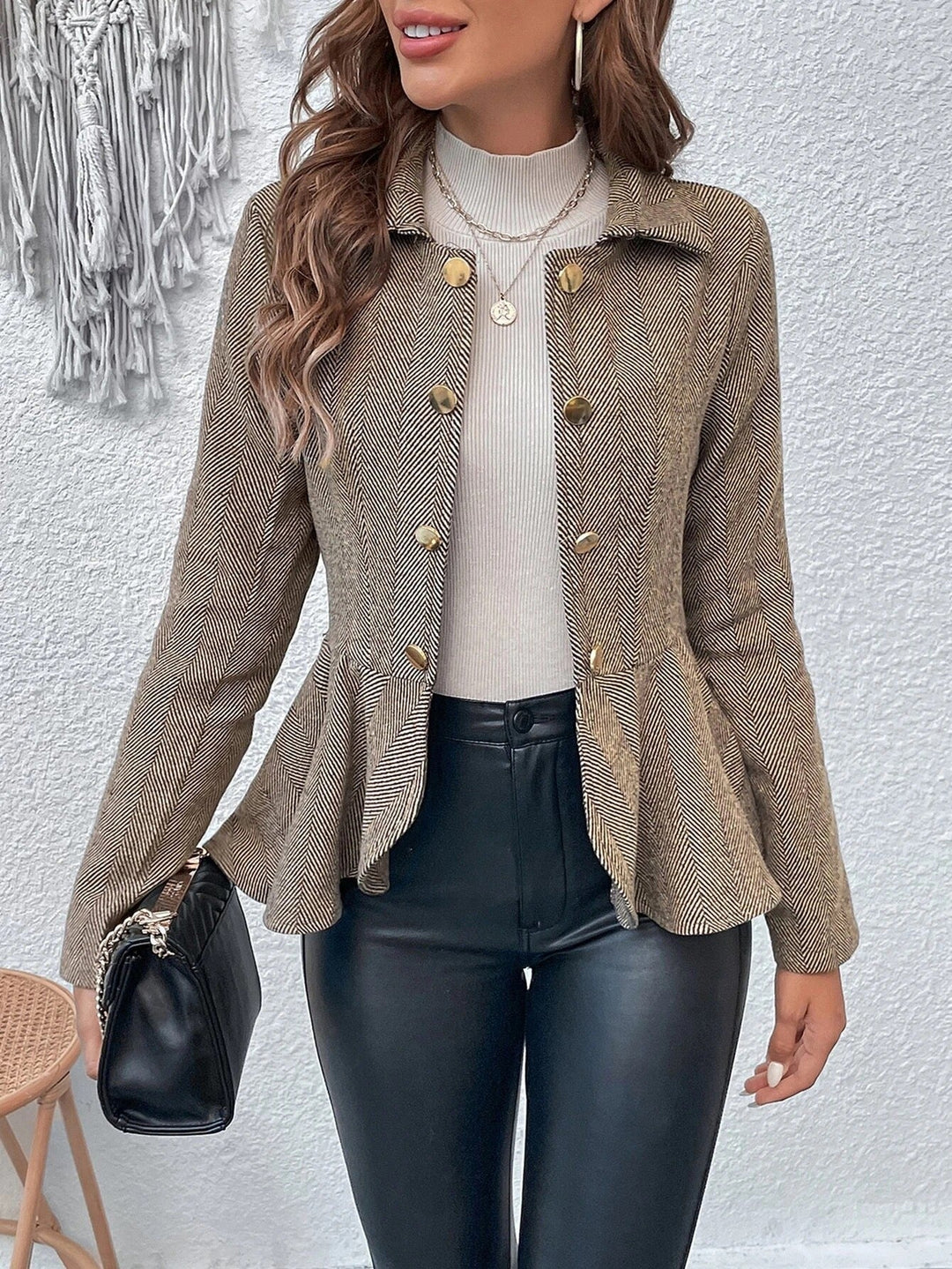 Drune | Blazer Slim Passform Jacquard Doppelreiher Peplum Bürogebrauch
