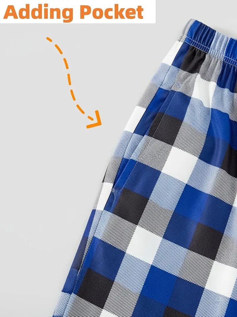 Drune | "2025 Familie Weihnachten" Text Gedruckt Blau und Weiß Karierter Familienpassende Pyjamas