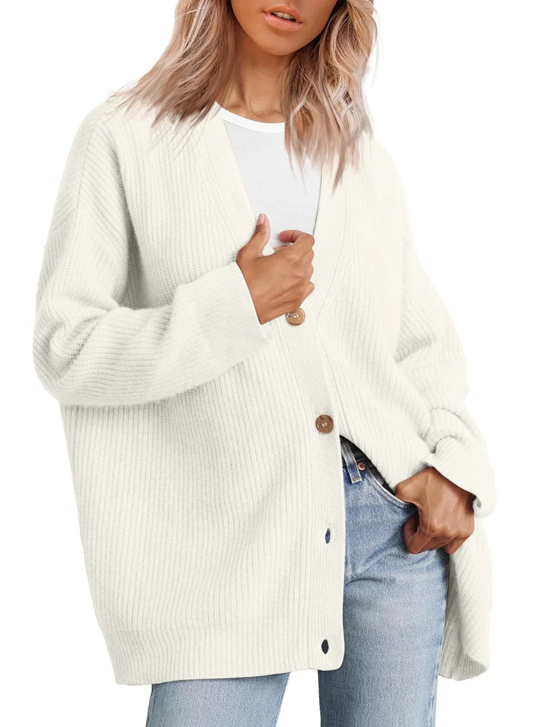Drune | Strickjacke Übergröße Passform Gestrickte Rippstruktur Knopf V-Ausschnitt