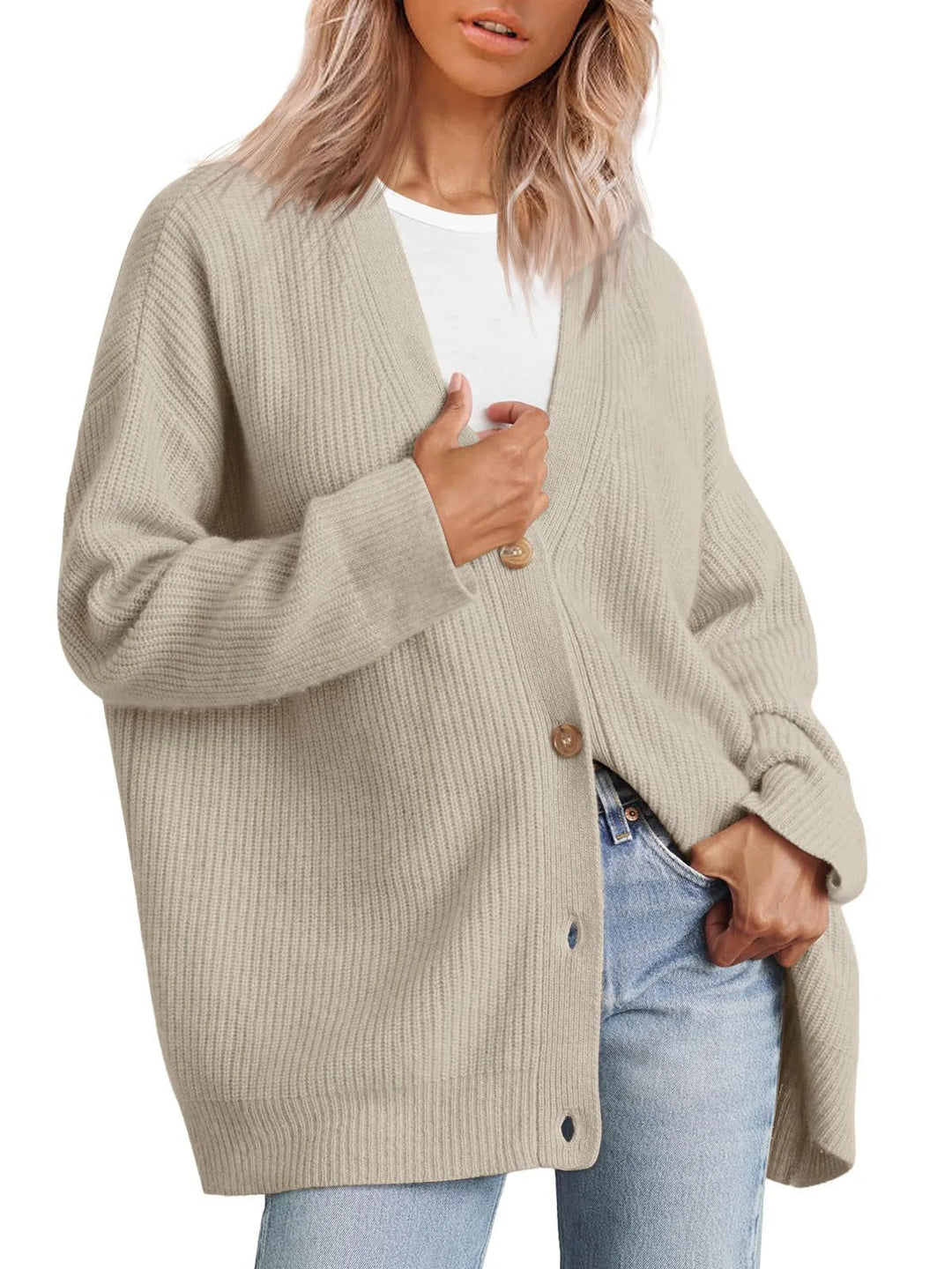 Drune | Strickjacke Übergröße Passform Gestrickte Rippstruktur Knopf V-Ausschnitt