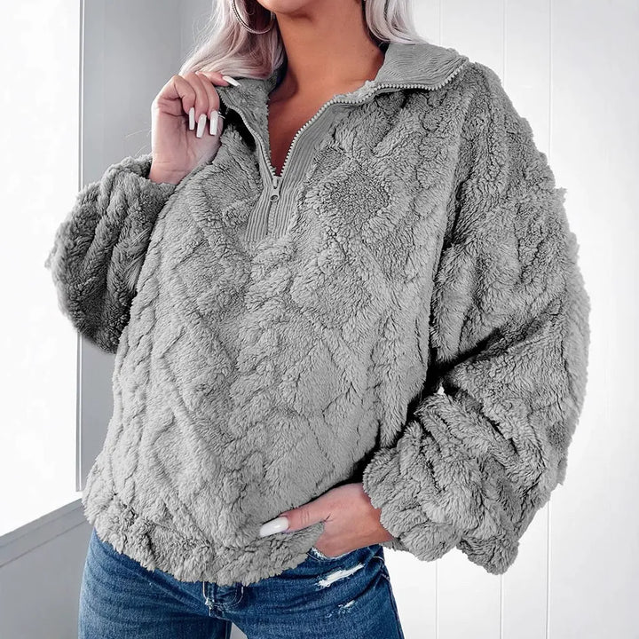 Drune | Sweater Faux Fur Entspannt Passform Gesteppt Textur Halber Reißverschluss