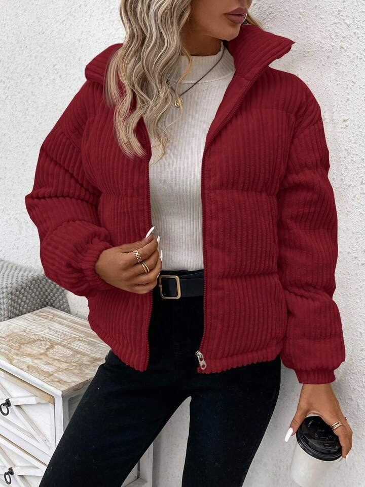 Drune | Damen Cordjacke – Lockere Passform – Gepolstert – Hoher Kragen – Reißverschluss vorne