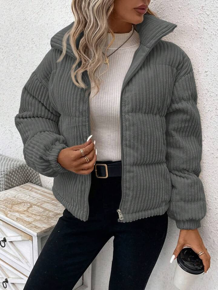 Drune | Damen Cordjacke – Lockere Passform – Gepolstert – Hoher Kragen – Reißverschluss vorne