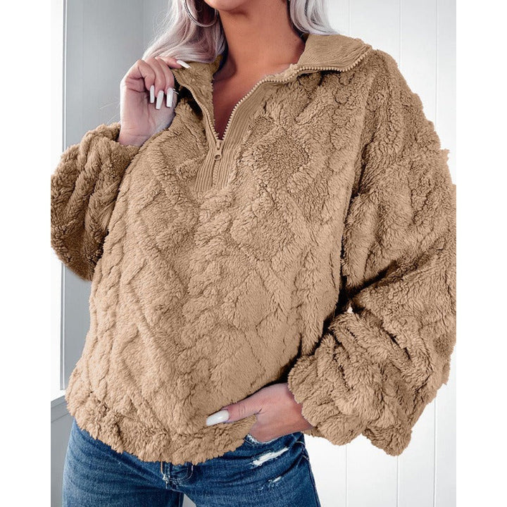 Drune | Pullover Sweatshirt Plüsch Fleece Übergröße Fit Halber Reißverschluss Stehkragen