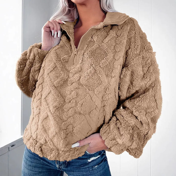 Drune | Sweater Faux Fur Entspannt Passform Gesteppt Textur Halber Reißverschluss