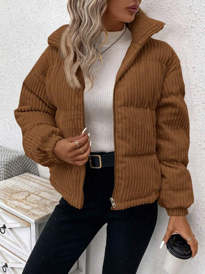 Drune | Damen Cordjacke – Lockere Passform – Gepolstert – Hoher Kragen – Reißverschluss vorne