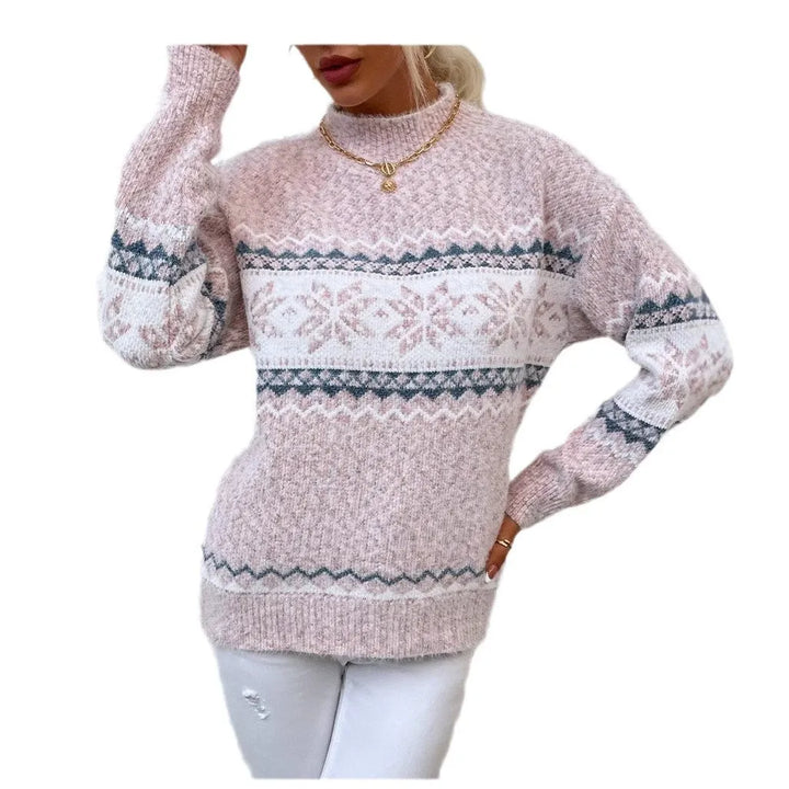 Drune | Pullover Wollstrick Lässige Passform Schneeflockenmuster Hoher Kragen