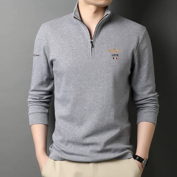 Drune | Langarm-T-Shirt Slim Fit Baumwolle Halber Reißverschluss Gesticktes Detail