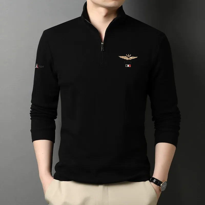 Drune | Langarm-T-Shirt Slim Fit Baumwolle Halber Reißverschluss Gesticktes Detail