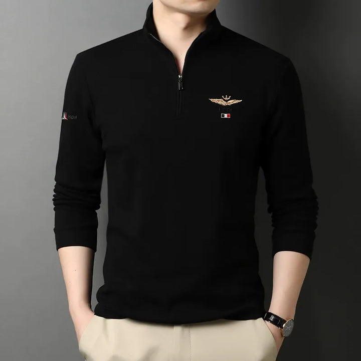 Drune | Langarm-T-Shirt Slim Fit Baumwolle Halber Reißverschluss Gesticktes Detail