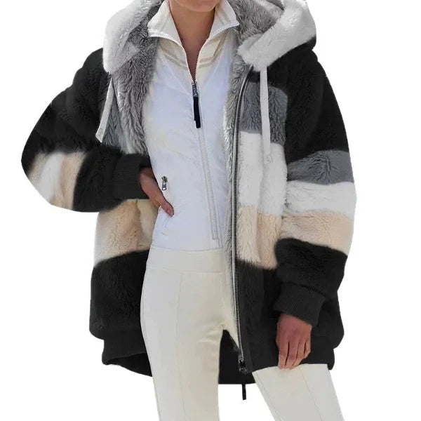 Drune | Damen Kapuzenjacke – Oversized Passform – Plüsch Kunstpelz – Reißverschluss vorne – Rippensaum