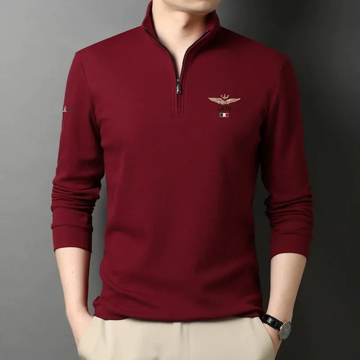Drune | Langarm-T-Shirt Slim Fit Baumwolle Halber Reißverschluss Gesticktes Detail