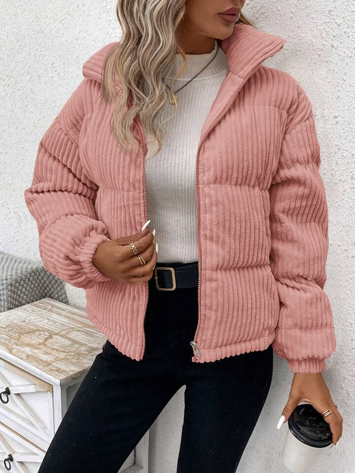 Drune | Damen Cordjacke – Lockere Passform – Gepolstert – Hoher Kragen – Reißverschluss vorne