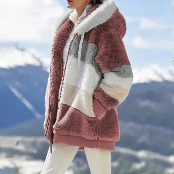 Drune | Damen Kapuzenjacke – Oversized Passform – Plüsch Kunstpelz – Reißverschluss vorne – Rippensaum