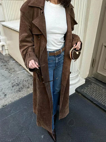 Drune | Trenchcoat - Tailliert - Wildleder-Textur - Doppelreiher - Mit Gürtel