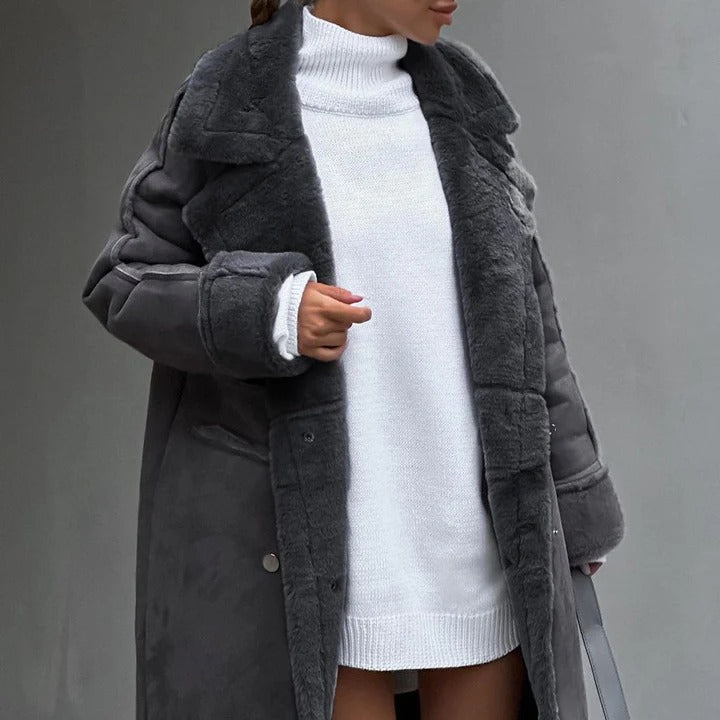 Drune | Damen Oversized Fake-Lammfelljacke knielang