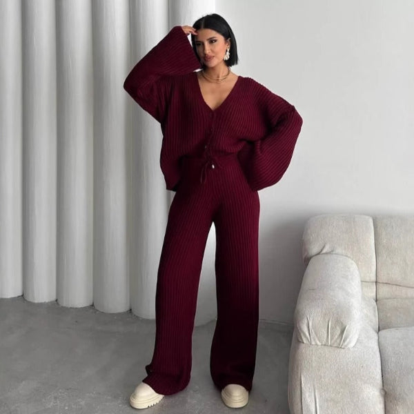 Drune | Loungewear Set Gestrickte Rippstruktur Übergröße Passform Weite Ärmel