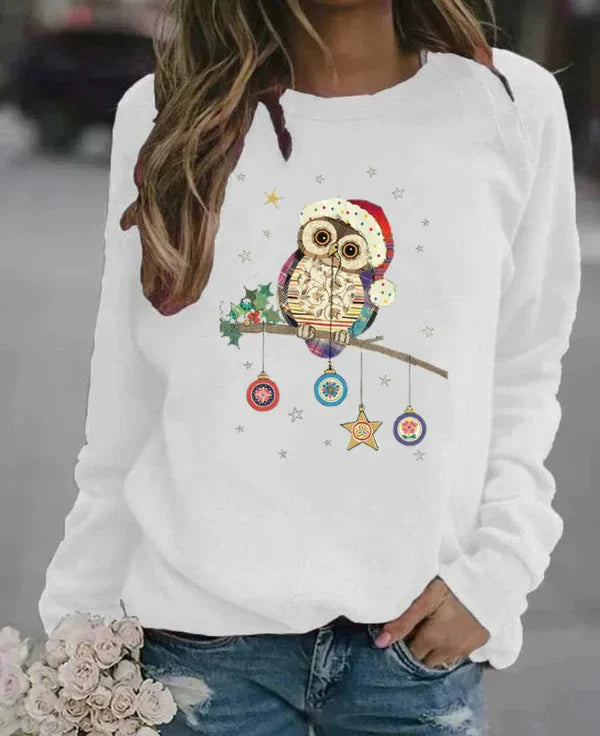 Drune | Sweatshirt - Relaxed Fit - Baumwollmischung - Rundhalsausschnitt - Festlicher Eulenprint